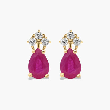 Pear Shape Ruby And Tri-Diamond Stud Earrings In 14K Yellow Gold