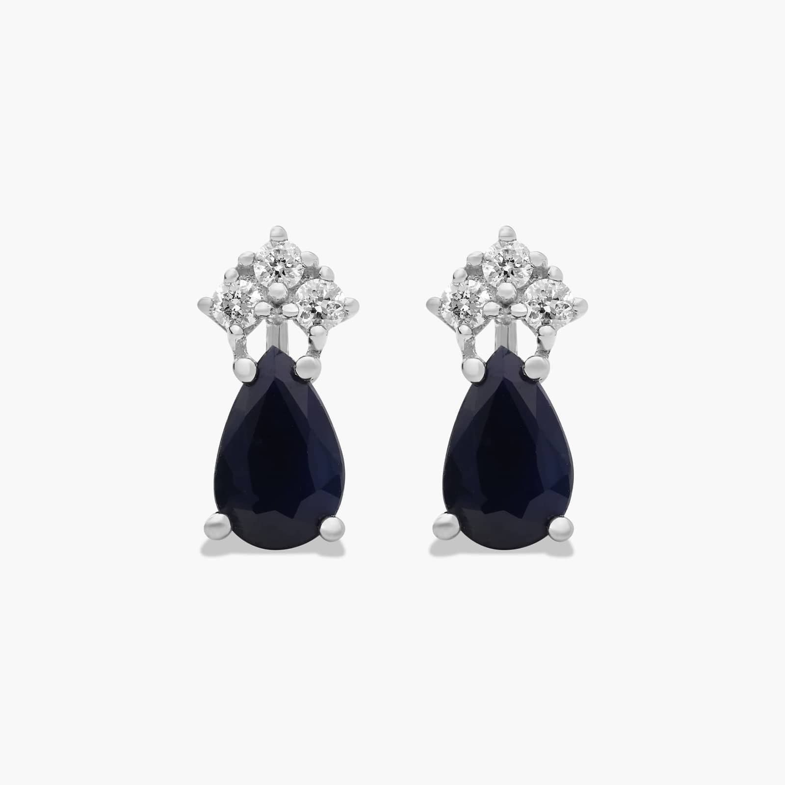 Pear Shape Sapphire And Tri-Diamond Stud Earrings