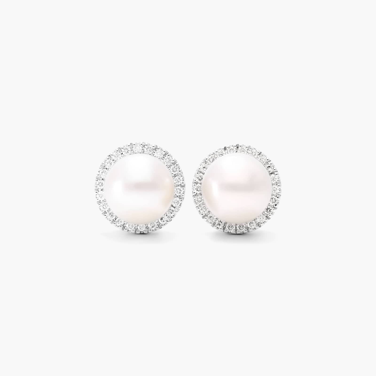 Cultured Freshwater Pearl And Diamond Halo Earrings In 14K White Gold