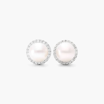 Cultured Freshwater Pearl And Diamond Halo Earrings In 14K White Gold