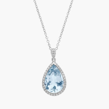 Aquamarine and Diamond Halo Pendant in 14k White Gold