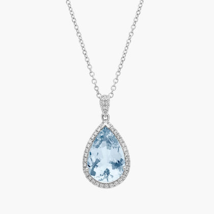 Aquamarine and Diamond Halo Pendant in 14k White Gold
