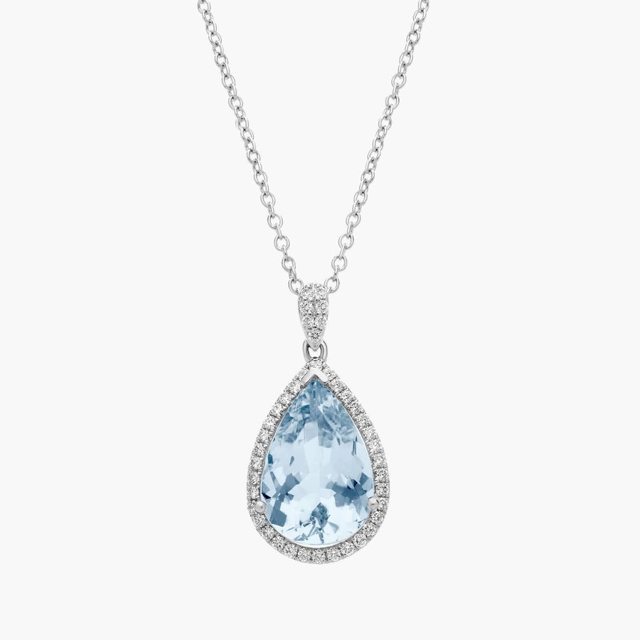 Aquamarine and Diamond Halo Pendant in 14k White Gold