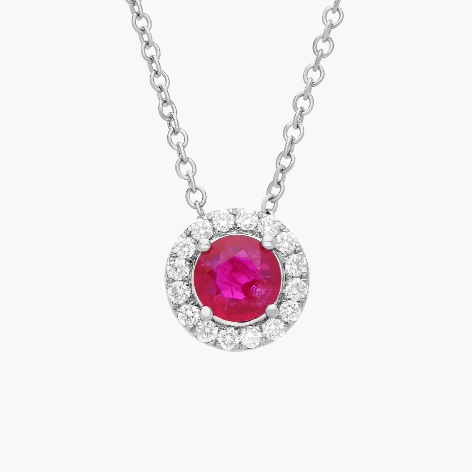 Ruby and Diamond Halo Pendant in 14k White Gold (5mm)