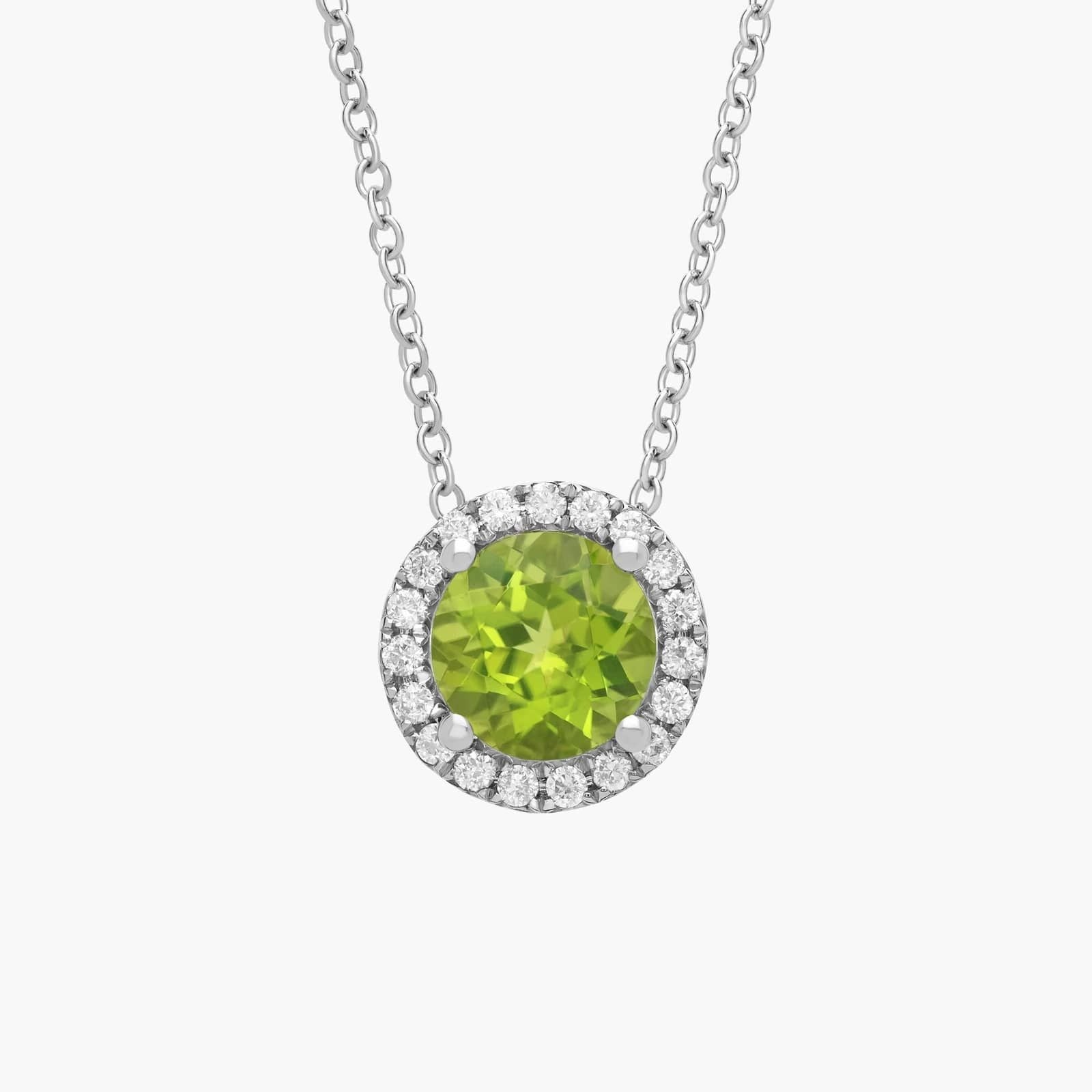Peridot and Diamond Halo Pendant in 14k White Gold (7mm)