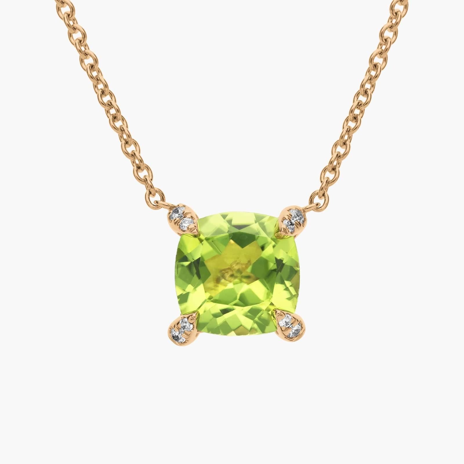 Cushion Cut Peridot and Diamond Accent Pendant in 14k Yellow Gold (7mm)