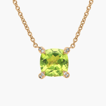 Cushion Cut Peridot and Diamond Accent Pendant in 14k Yellow Gold (7mm)