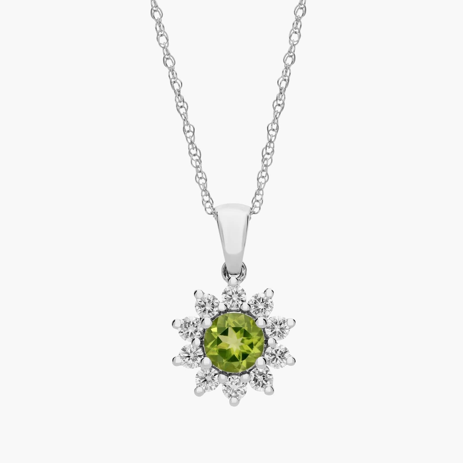Round Peridot and Diamond Halo Pendant Necklace in 14k White Gold (6mm)