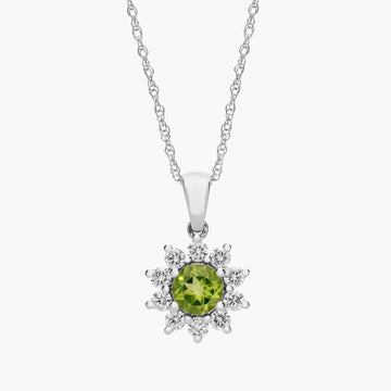 Round Peridot and Diamond Halo Pendant Necklace in 14k White Gold (6mm)