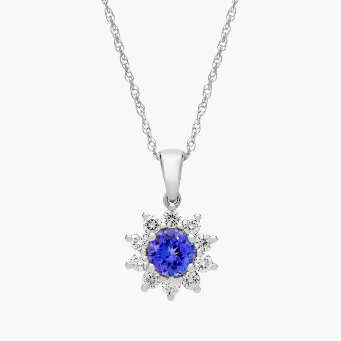 Round Tanzanite and Diamond Halo Pendant Necklace in 14k White Gold (6mm)
