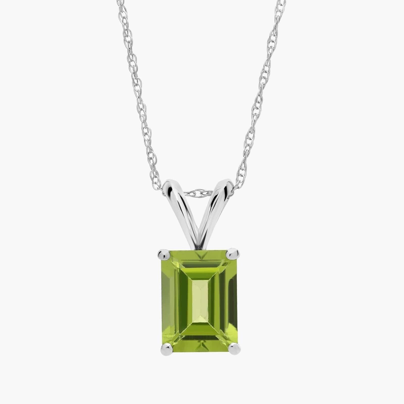 Emerald Cut Birthstone Peridot Pendant Necklace in 14K White Gold (8x6mm)