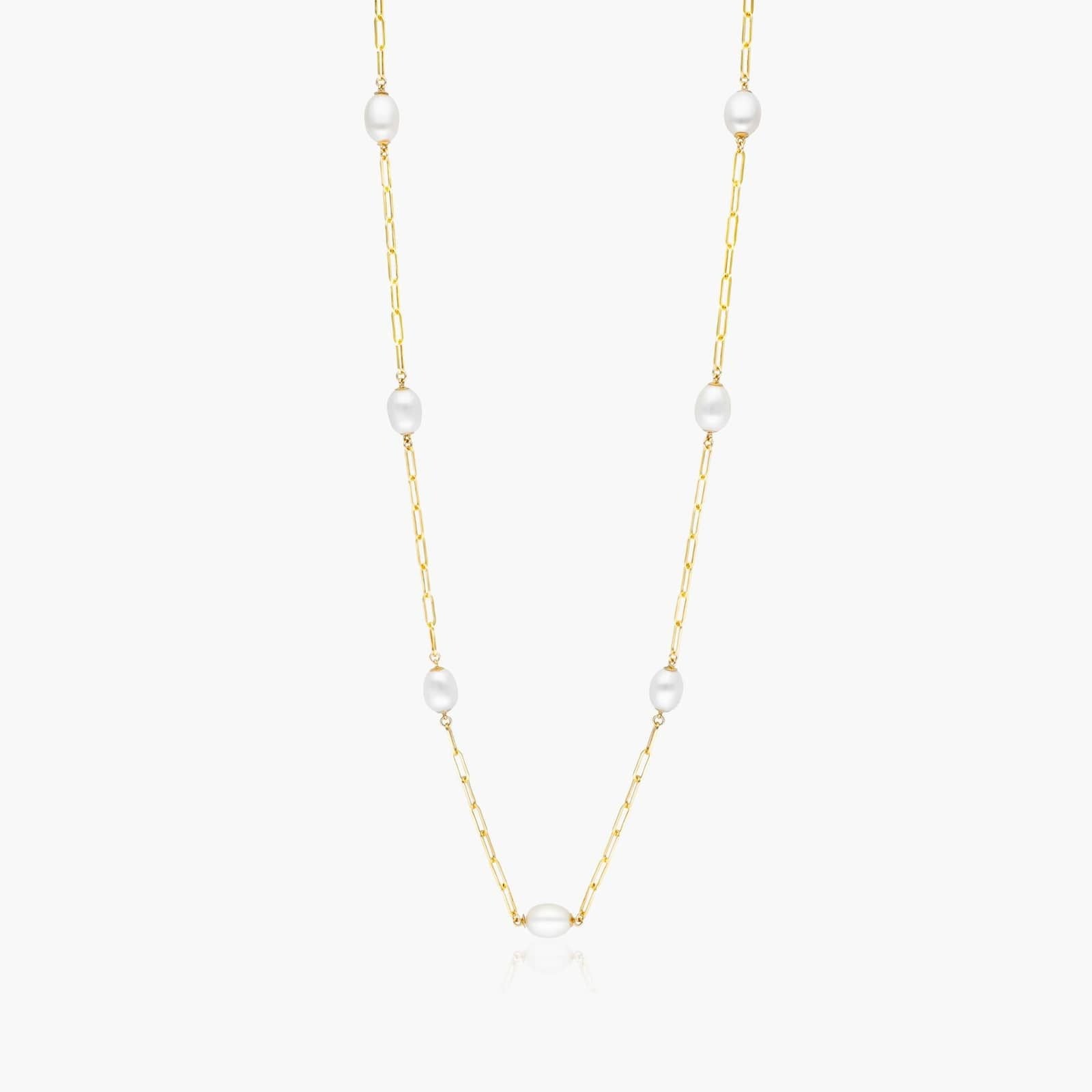 14K Yellow Gold Freshwater Cultured Pearl Station Paperclip Necklace