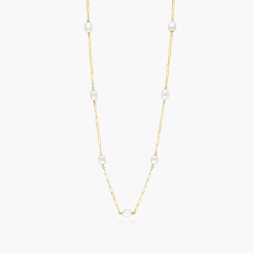 14K Yellow Gold Freshwater Cultured Pearl Station Paperclip Necklace