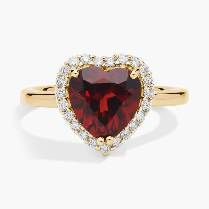 Heart Shaped Garnet and Diamond Halo Ring in 14k Yellow Gold