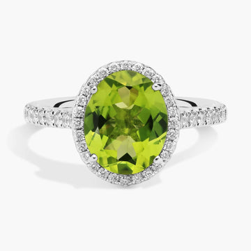 Peridot and Diamond Halo Ring in 18k White Gold (10x8mm)