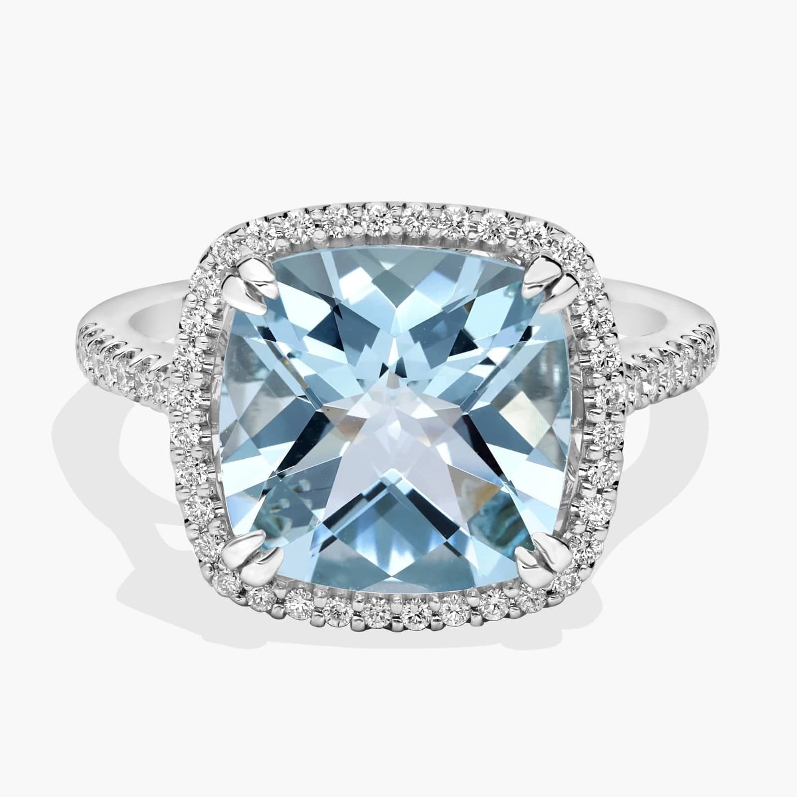 Cushion-Cut Aquamarine Diamond Halo Cocktail Ring in 14k White Gold (10.5mm)