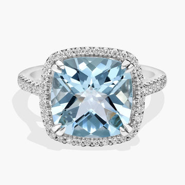 Cushion-Cut Aquamarine Diamond Halo Cocktail Ring in 14k White Gold (10.5mm)
