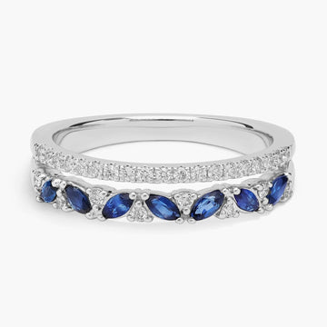 Two Row Diagonal Blue Sapphire Marquise And Pave Diamond Band in 14k White Gold