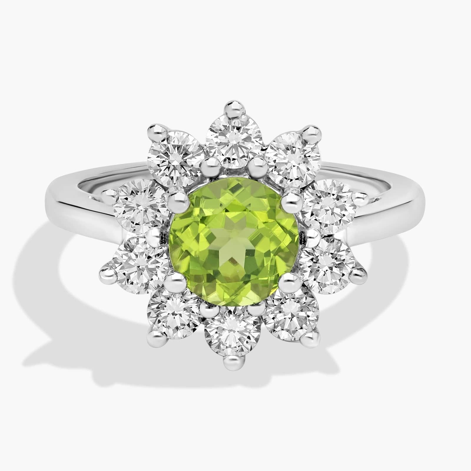 Round Peridot and Diamond Halo Ring in 14k White Gold