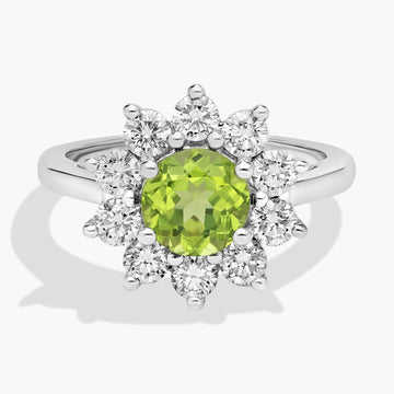Round Peridot and Diamond Halo Ring in 14k White Gold