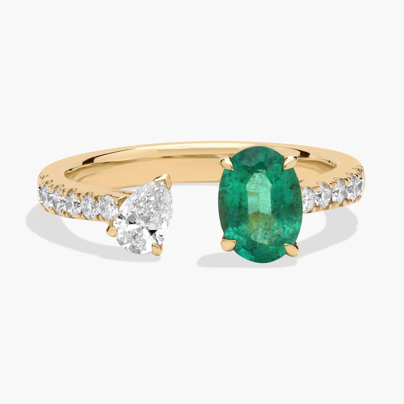 Emerald and Diamond Pavé Two Stone Ring in 18K Yellow Gold