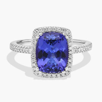 Cushion Cut Tanzanite Double Prong Diamond Halo Ring in 14K White Gold (10x8mm)
