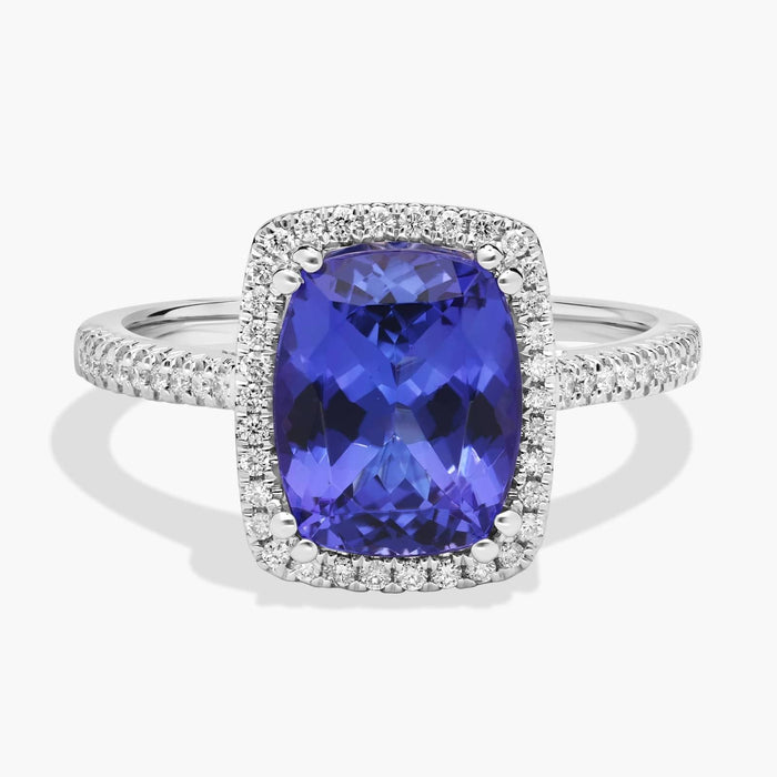 Cushion Cut Tanzanite Double Prong Diamond Halo Ring in 14K White Gold (10x8mm)