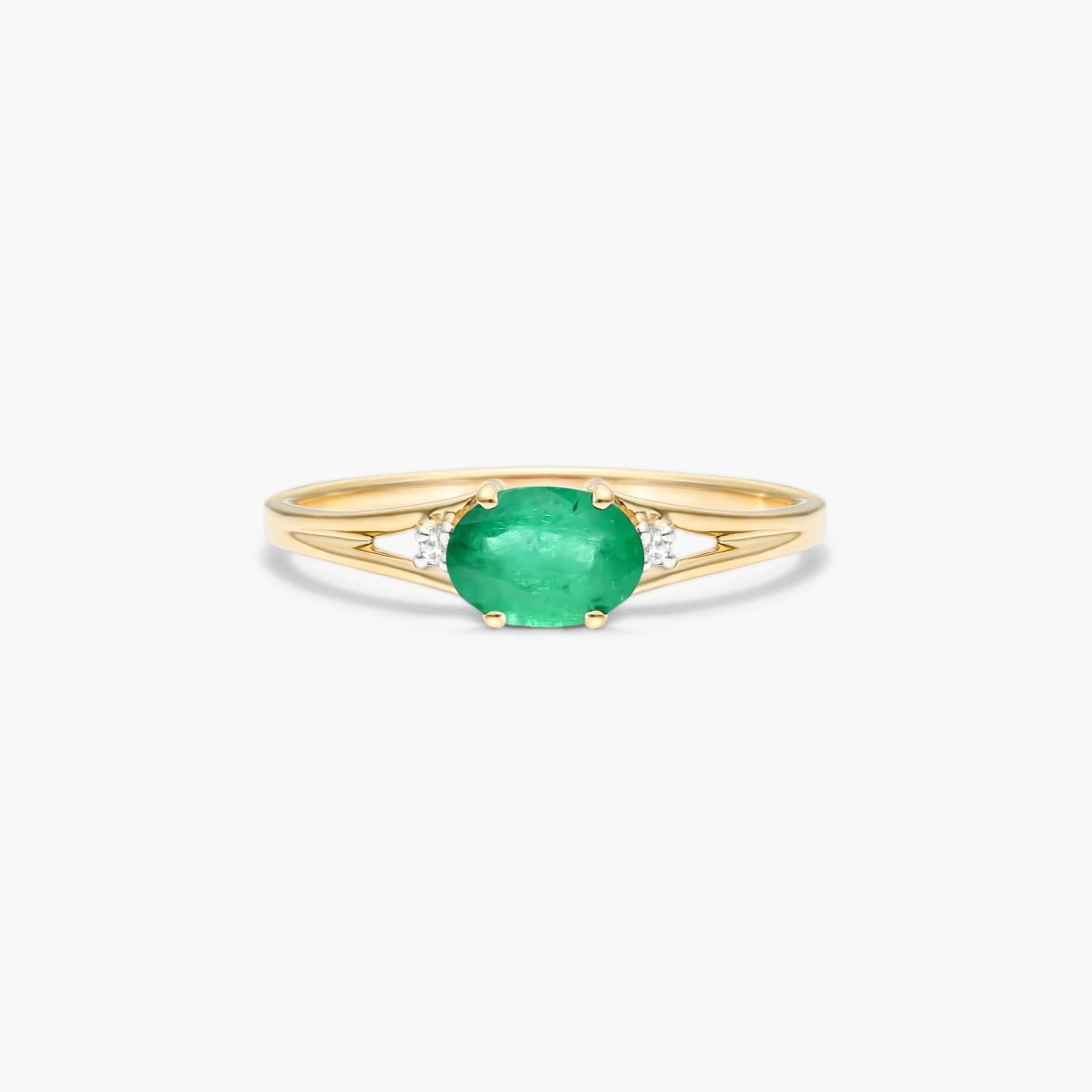 Oval Emerald And Diamond Accent Birthstone Ring In 14K Yellow Gold
