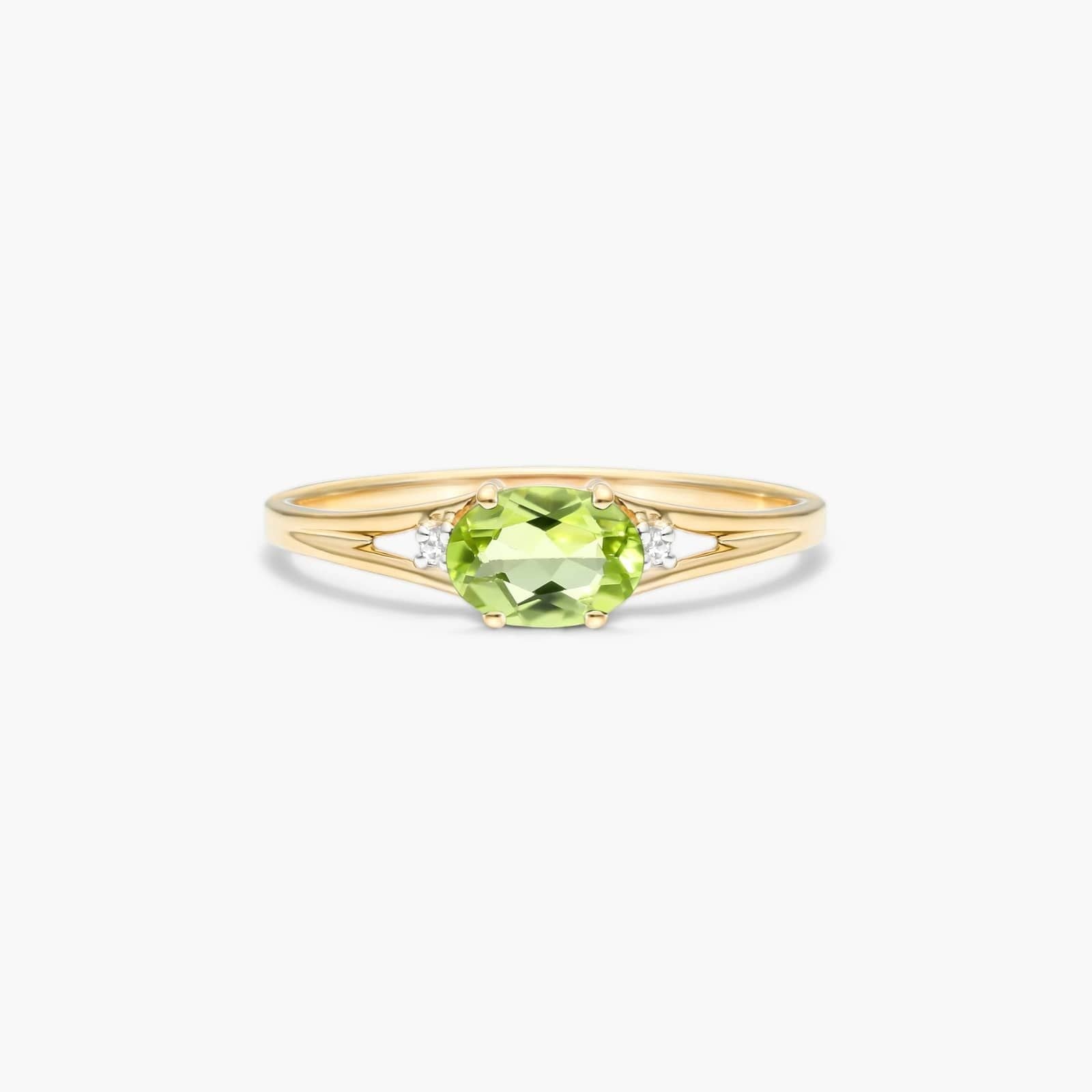 Oval Peridot And Diamond Accent Birthstone Ring In 14K Yellow Gold
