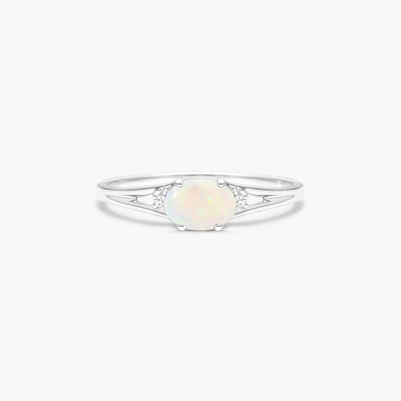 Oval Opal And Diamond Accent Birthstone Ring In 14K White Gold