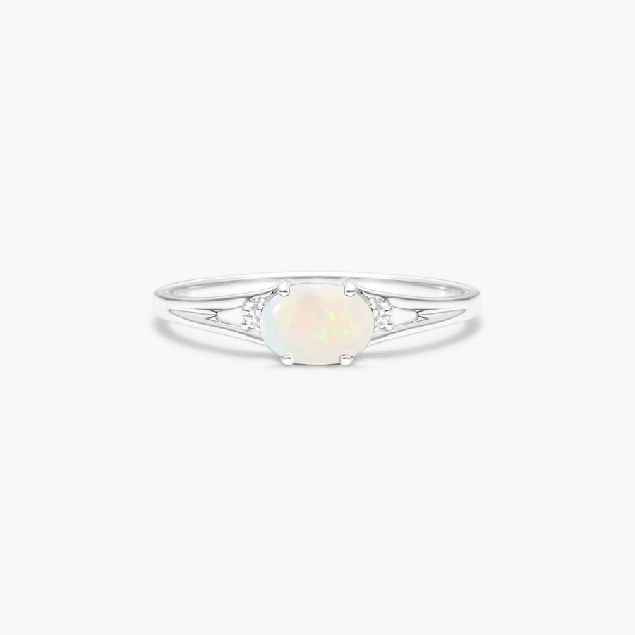 Oval Opal And Diamond Accent Birthstone Ring In 14K White Gold