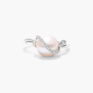 Freshwater Cultured Pearl And Diamond Vine Ring In 14K White Gold (9.0-9.5mm)