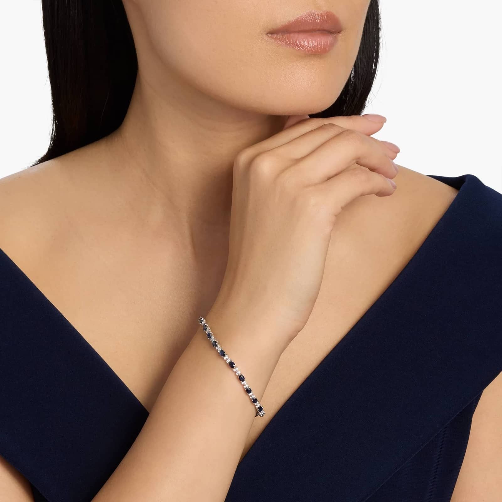 Sapphire and Diamond Bracelet in 14k White Gold (4x3mm)