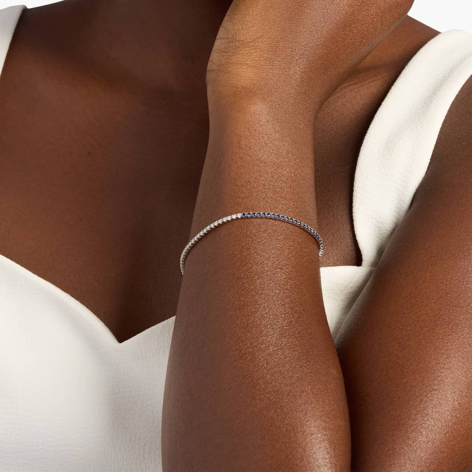 Half And Half Round Diamond and Sapphire Tennis Bracelet in 14k White Gold