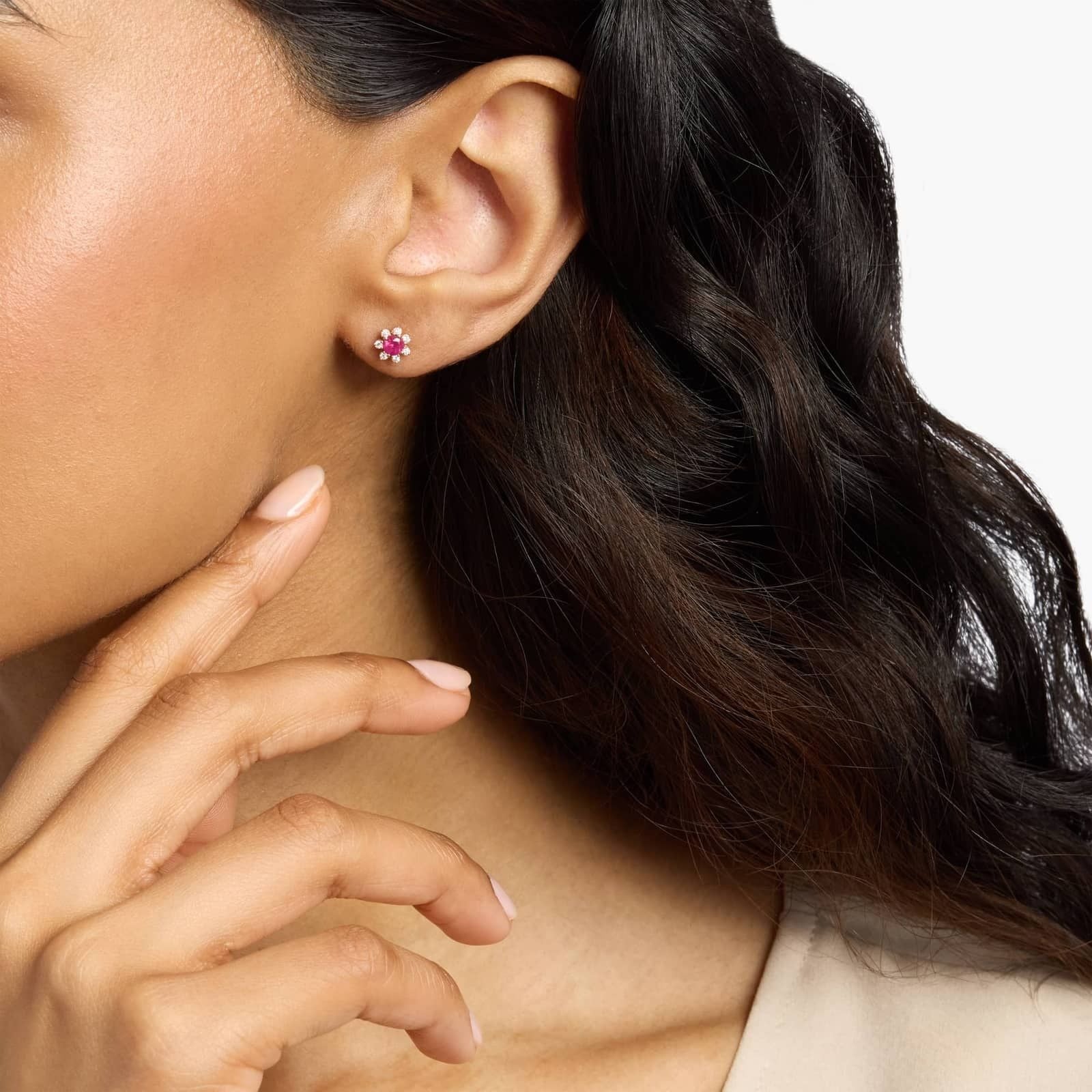 Mini Ruby Earrings with Diamond Blossom Halo in 14k Rose Gold (3.5mm)