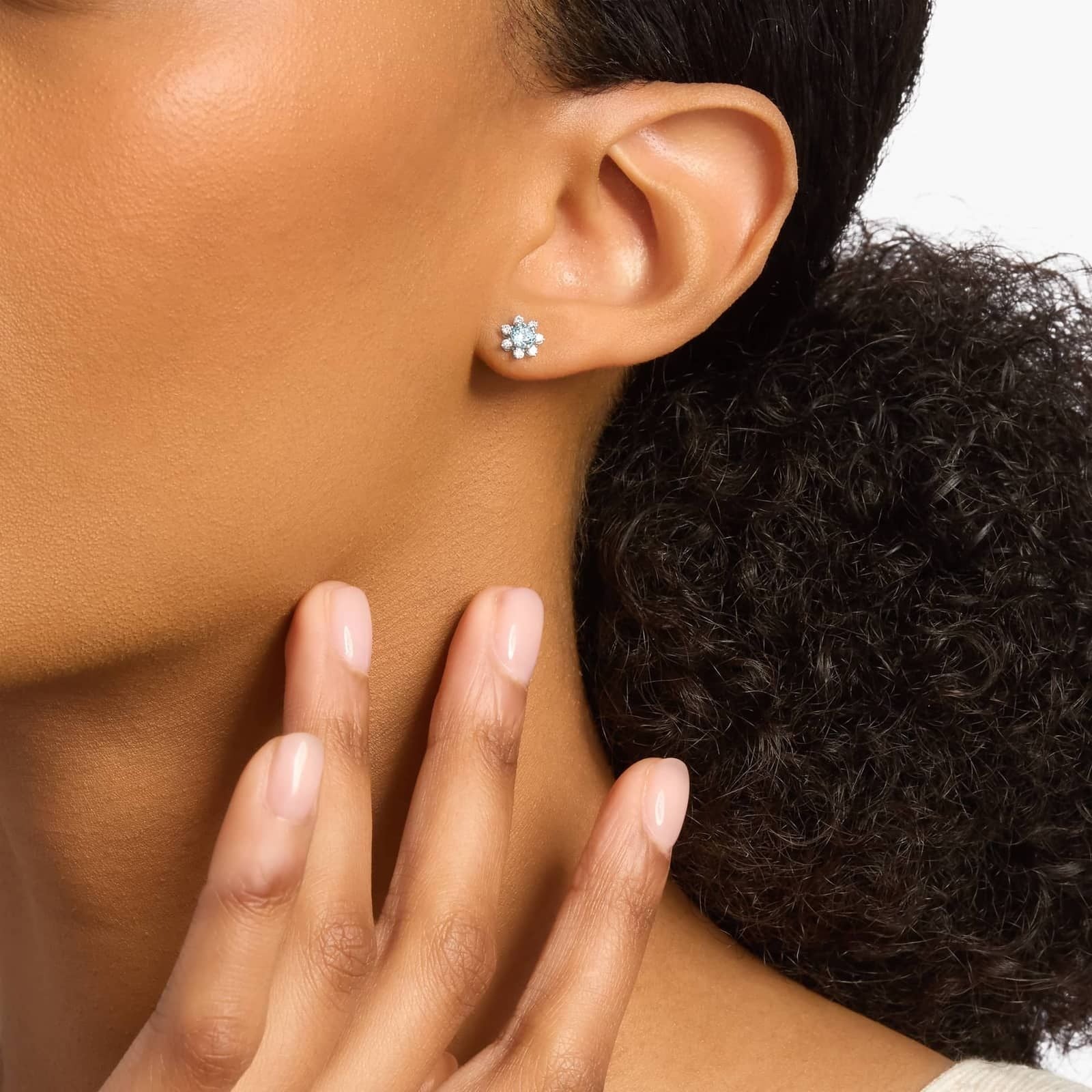 Mini Sky Blue Topaz Earrings with Diamond Blossom Halo in 14k White Gold (3.5mm)