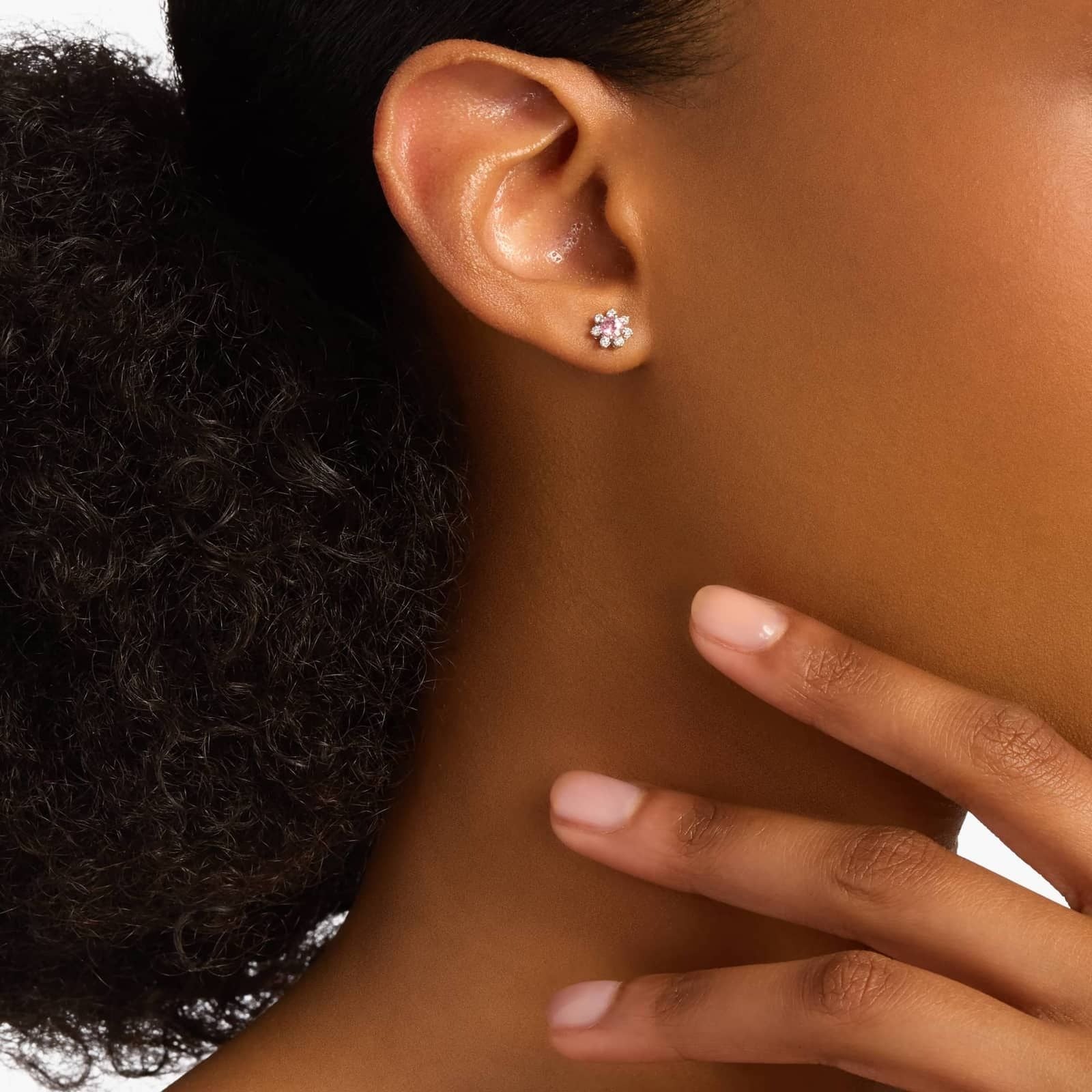 Mini Pink Tourmaline Earrings with Diamond Blossom Halo in 14k White Gold (3.5mm)