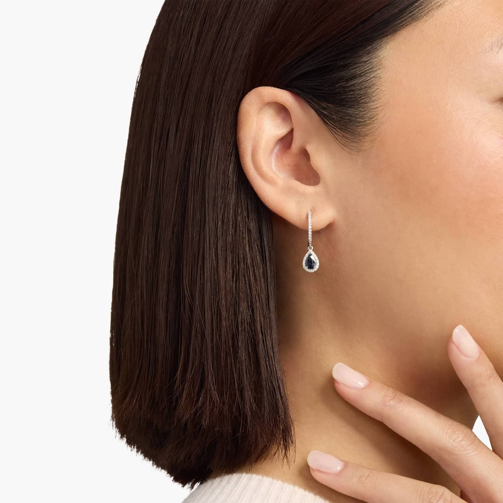 Pear Shaped Sapphire and Diamond Halo Drop Earrings in 14k White Gold (6x4mm)