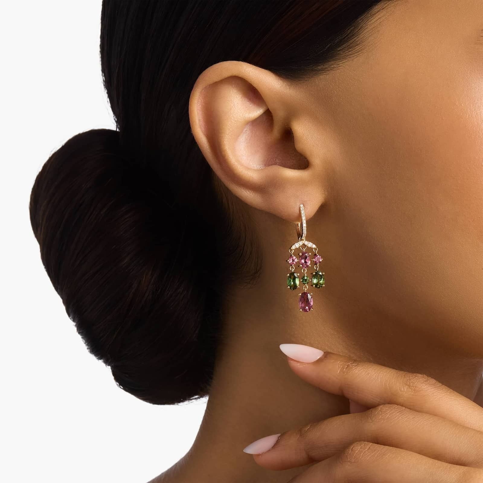 Pink and Green Tourmaline Chandelier Earrings in 14k Yellow Gold