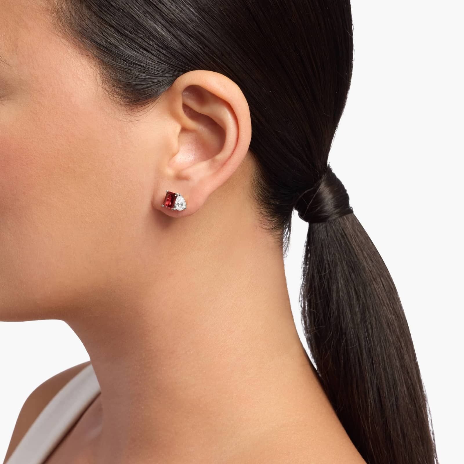 Lab Grown Diamond and Garnet Two Stone Stud Earrings in 14k White Gold