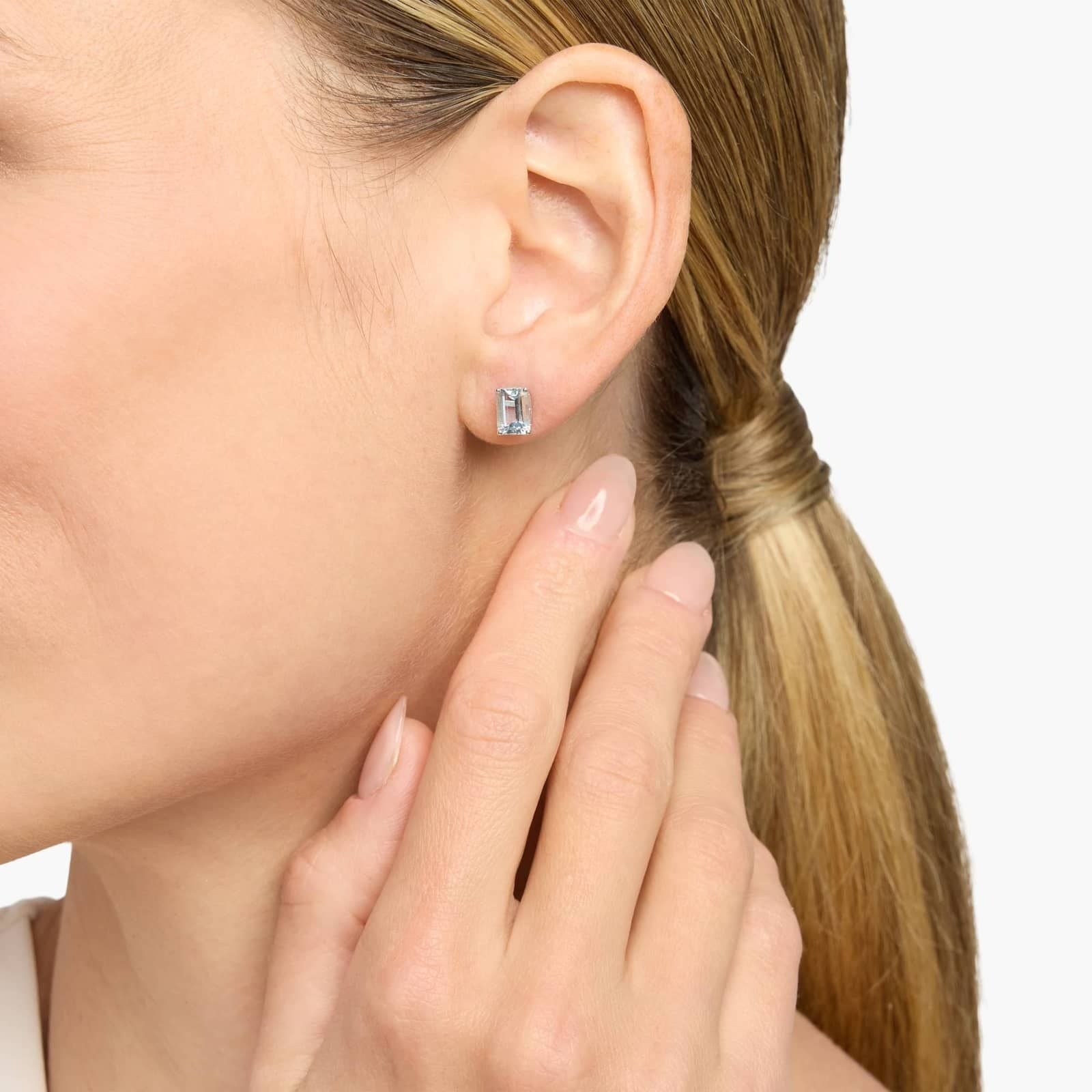 Emerald Cut Birthstone Aquamarine Stud Earrings