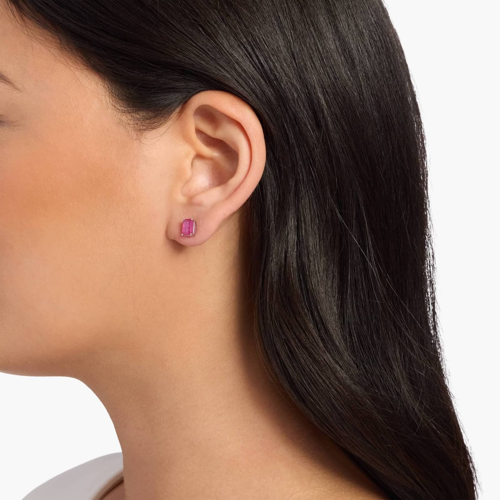 Emerald Cut Birthstone Ruby Stud Earrings in 14K Yellow Gold (7x5mm)