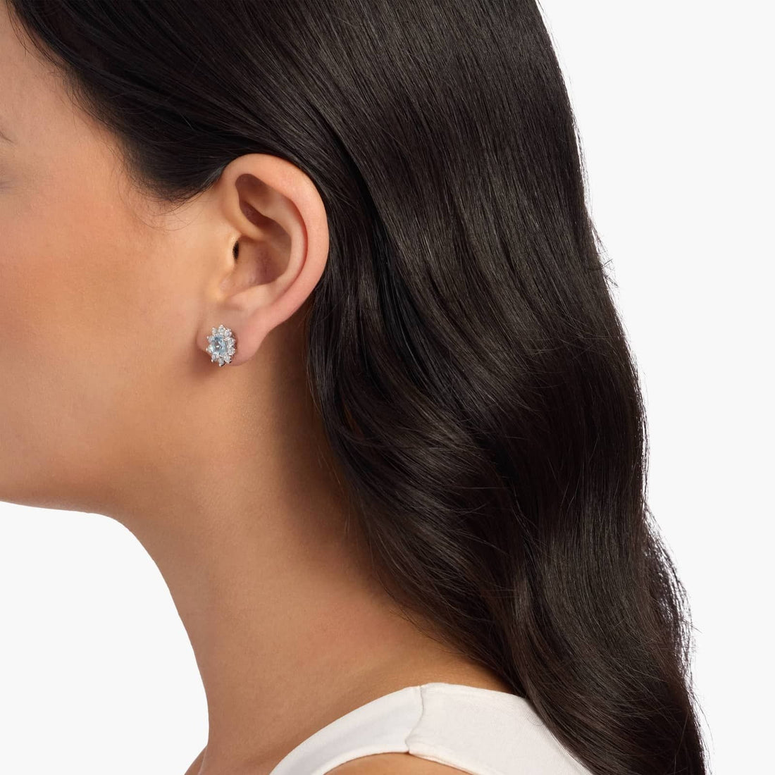 Round Aquamarine and Diamond Stud Earrings in 14k White Gold