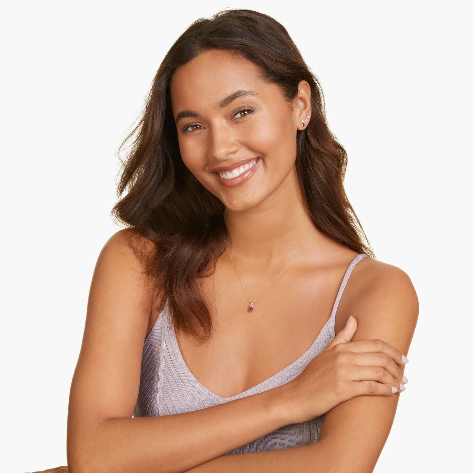 Pear Shape Ruby And Tri-Diamond Stud Earrings In 14K Yellow Gold