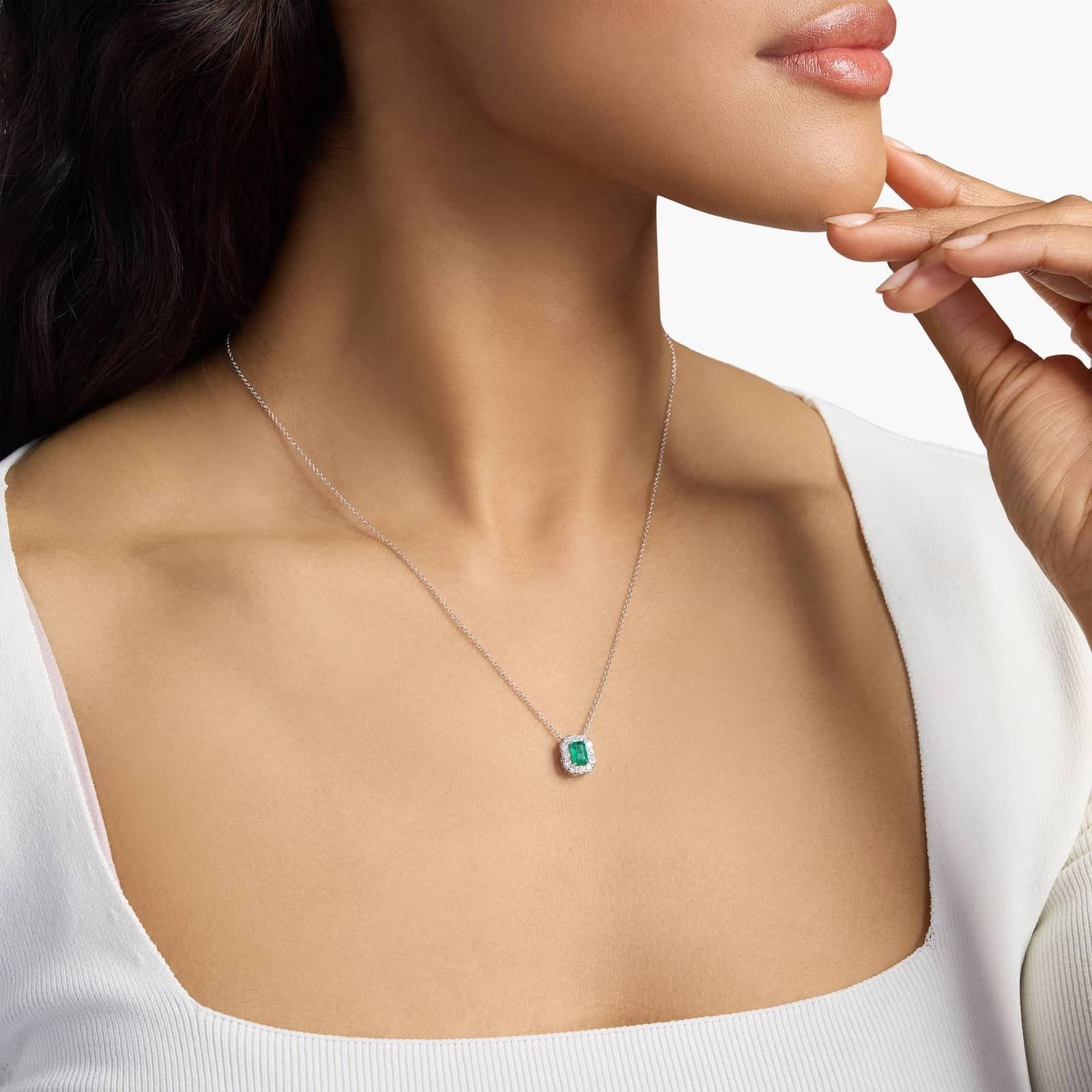 Emerald Cut Emerald and Diamond Halo Pendant in 14k White Gold