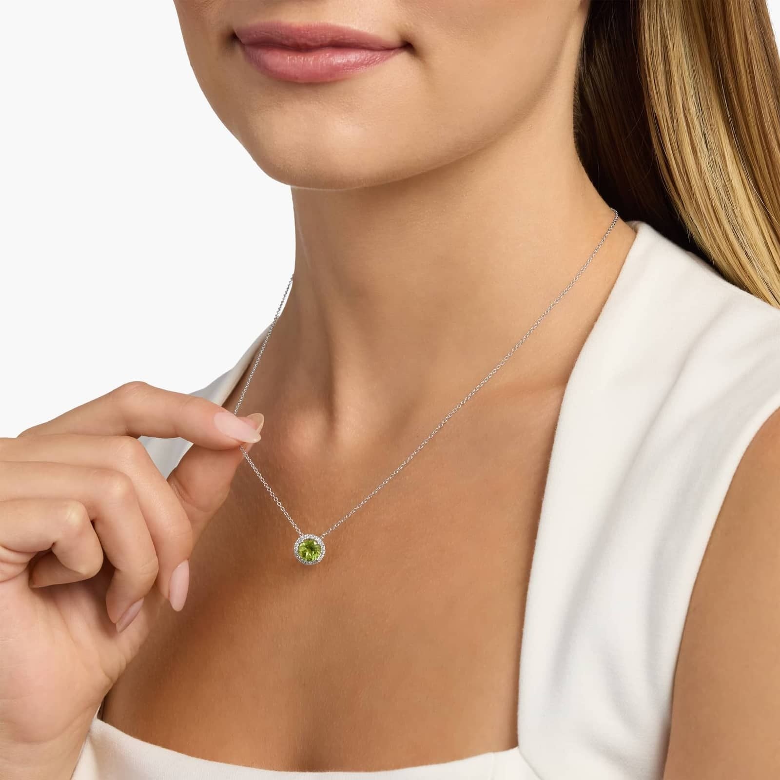 Peridot and Diamond Halo Pendant in 14k White Gold (7mm)