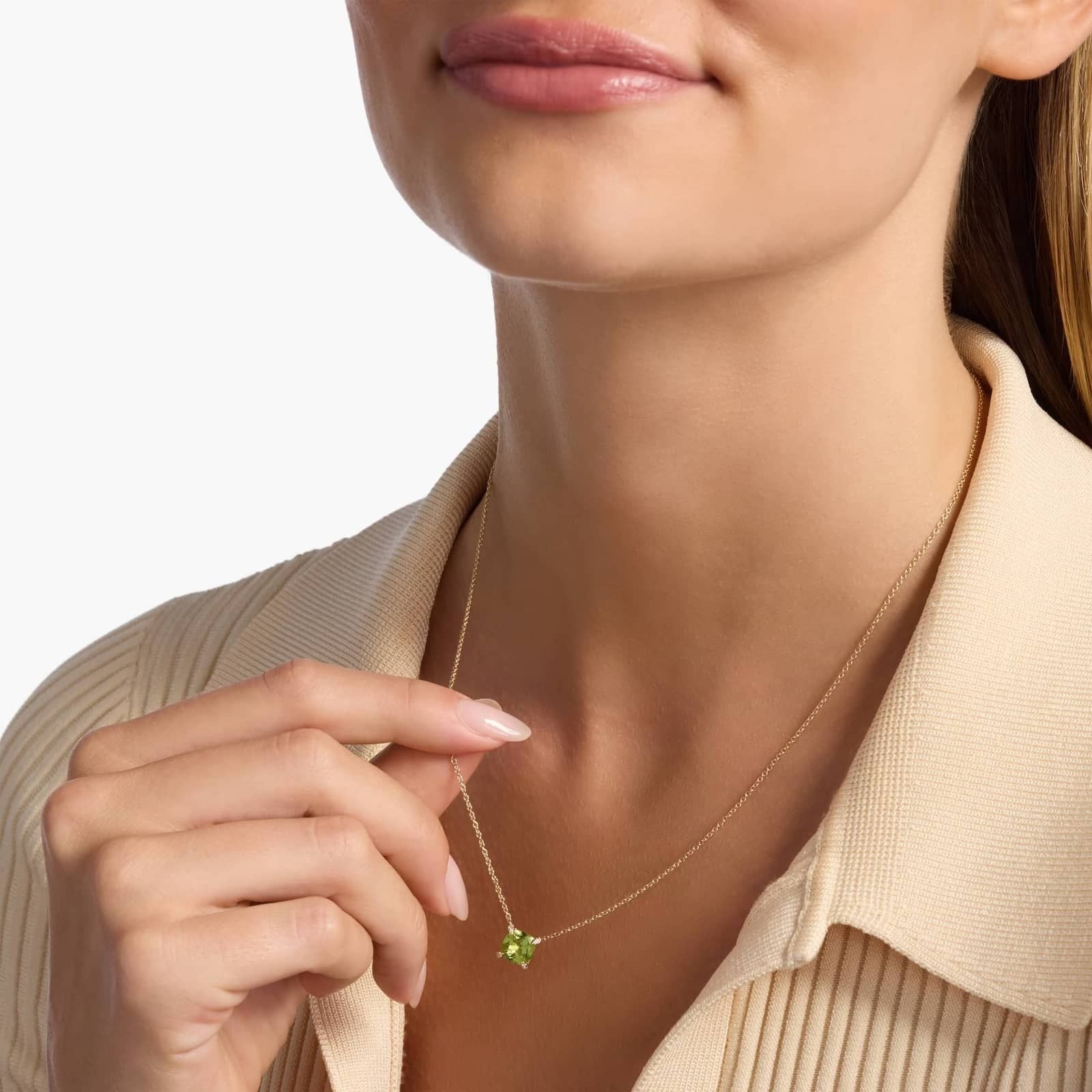 Cushion Cut Peridot and Diamond Accent Pendant in 14k Yellow Gold (7mm)