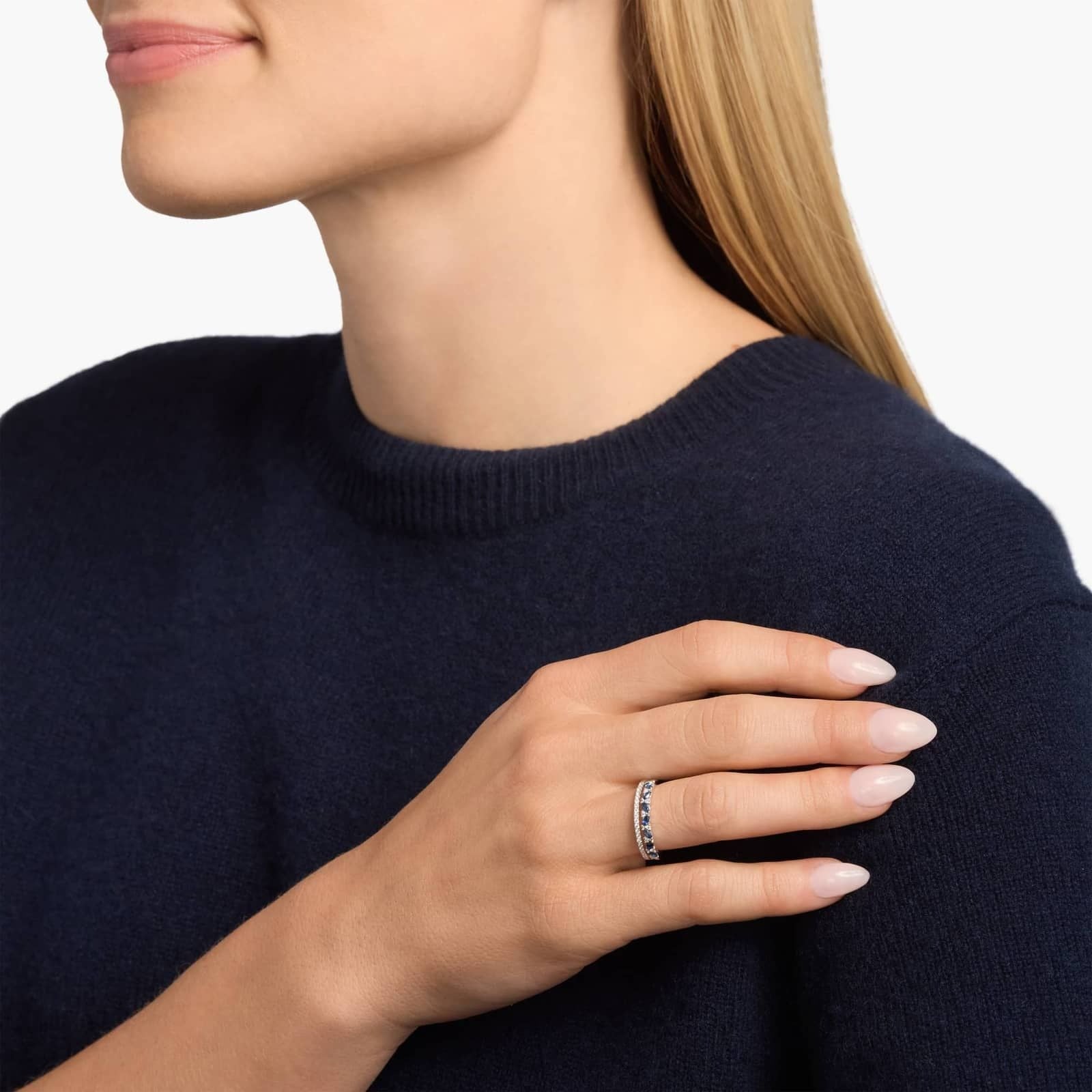 Two Row Diagonal Blue Sapphire Marquise And Pave Diamond Band in 14k White Gold