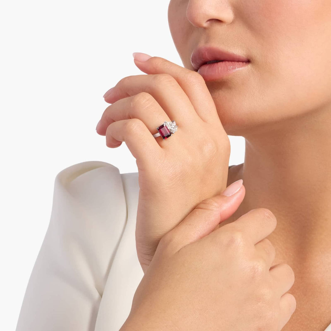 Lab Grown Diamond and Garnet Two Stone Ring in 14k White Gold