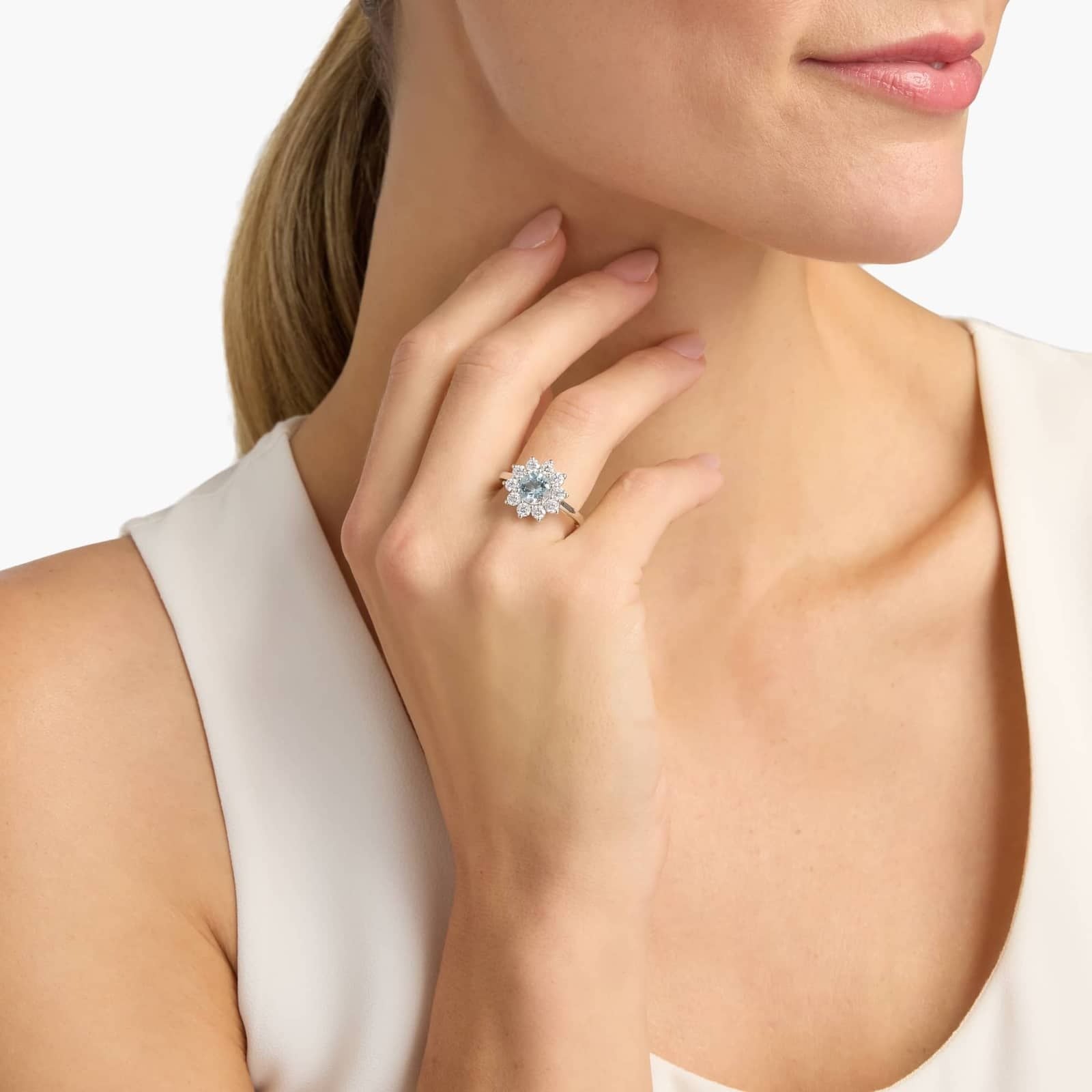 Round Aquamarine and Diamond Halo Ring in 14k White Gold